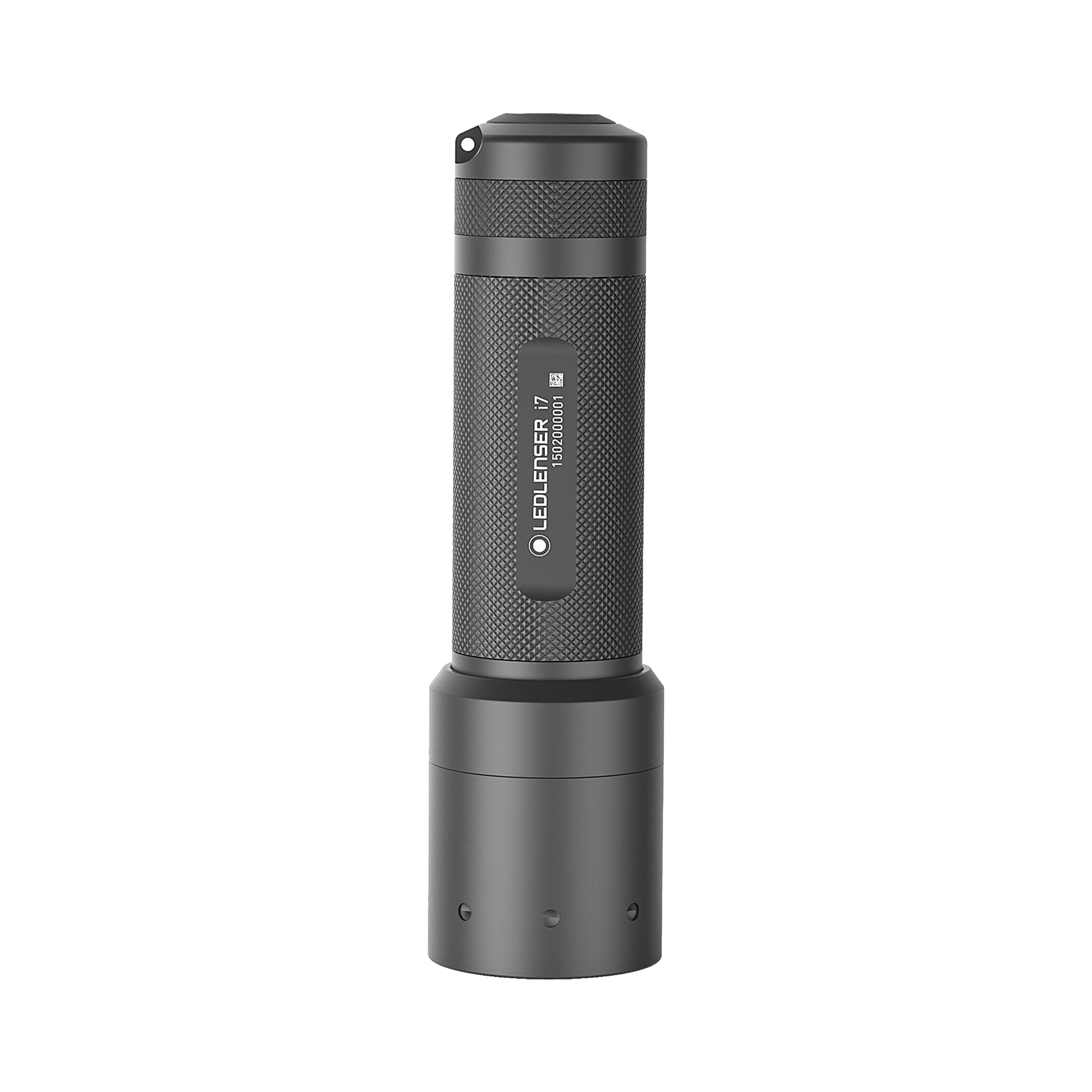 Ledlenser i7 Torch compact handheld flashlight with knurled dark grey body and tail cap shown upright