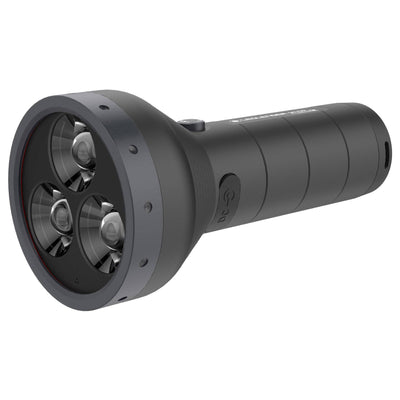 M10R Rechargeable Torch seen from front left with three LED emitters in the circular head and a dark grey body