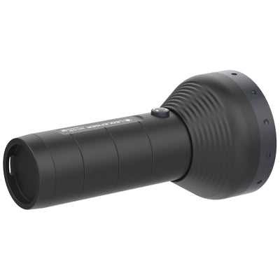 Ledlenser M10R Rechargeable Torch side view; compact black cylindrical torch with integrated head and control button