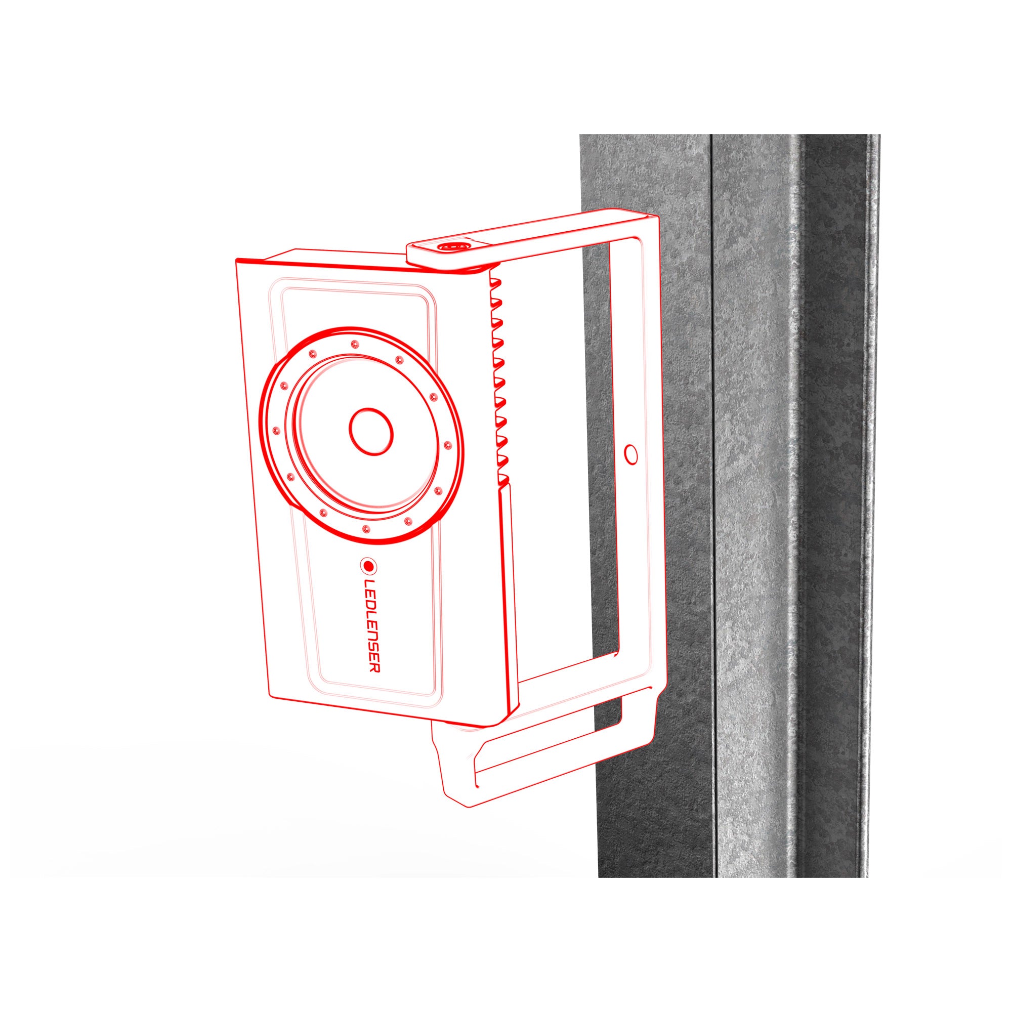 Ledlenser iF8R Spotlight mounted on a metal wall bracket in a red outline technical illustration
