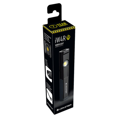 Ledlenser iW4R Work Light packaging box black with yellow hazard stripes showing the handheld work light image