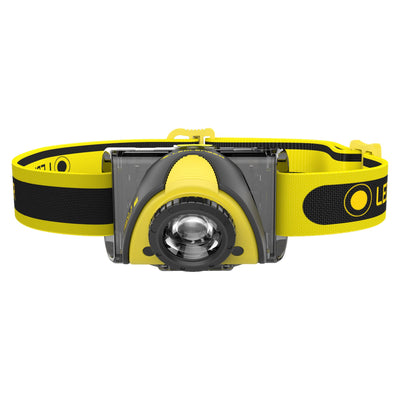 iSEO3 Battery Operated Headlamp with yellow headband and grey housing front view showing adjustable strap