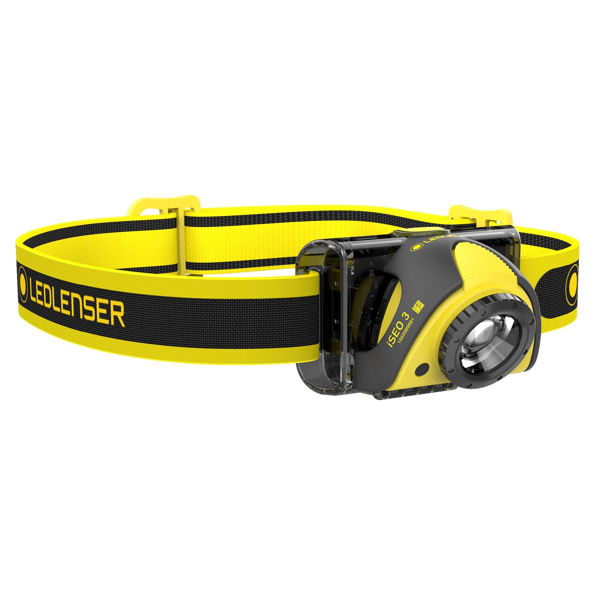 iSEO3 Battery Operated Headlamp on yellow black adjustable strap front view of compact LED headlamp unit