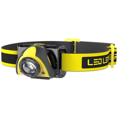 iSEO5R Rechargeable Headlamp by Ledlenser with yellow and black headband compact front light and adjustable strap