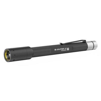 Ledlenser i6R Rechargeable Pen Light viewed from the side with a clip on the textured black body and silver tail cap