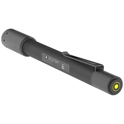 Ledlenser i6 Battery Operated Pen Light in black with pocket clip compact cylindrical design and front yellow LED
