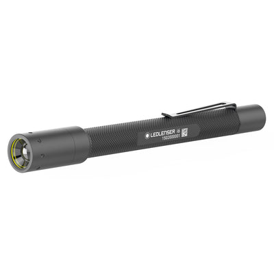 Ledlenser i6 Battery Operated Pen Light angled view showing compact pen shaped flashlight with textured grip and pocket clip