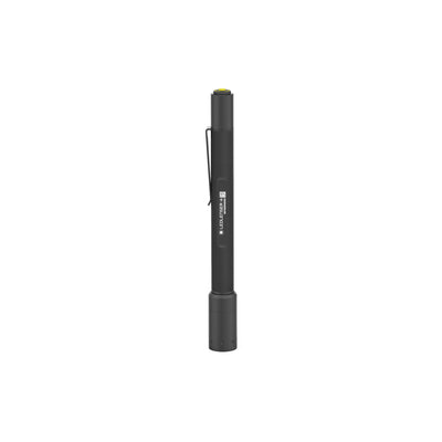 Ledlenser i6 Battery Operated Pen Light black pen style flashlight with a yellow top button and a slim pocket clip along the body