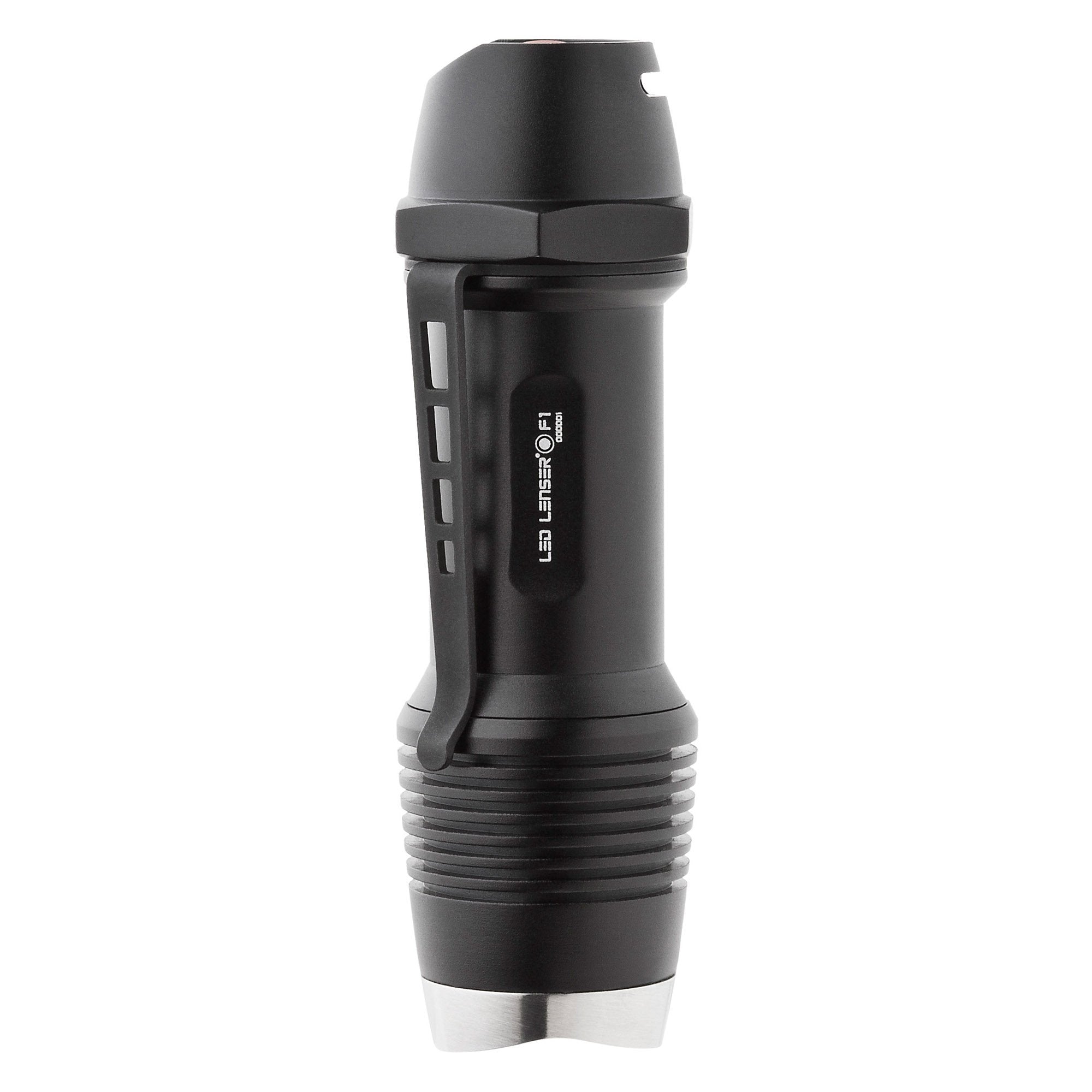 Ledlenser F1 Torch black compact handheld flashlight with knurled grip and side switch shown upright