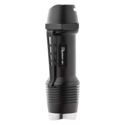 Ledlenser F1 Torch black compact handheld flashlight with knurled grip and side switch shown upright