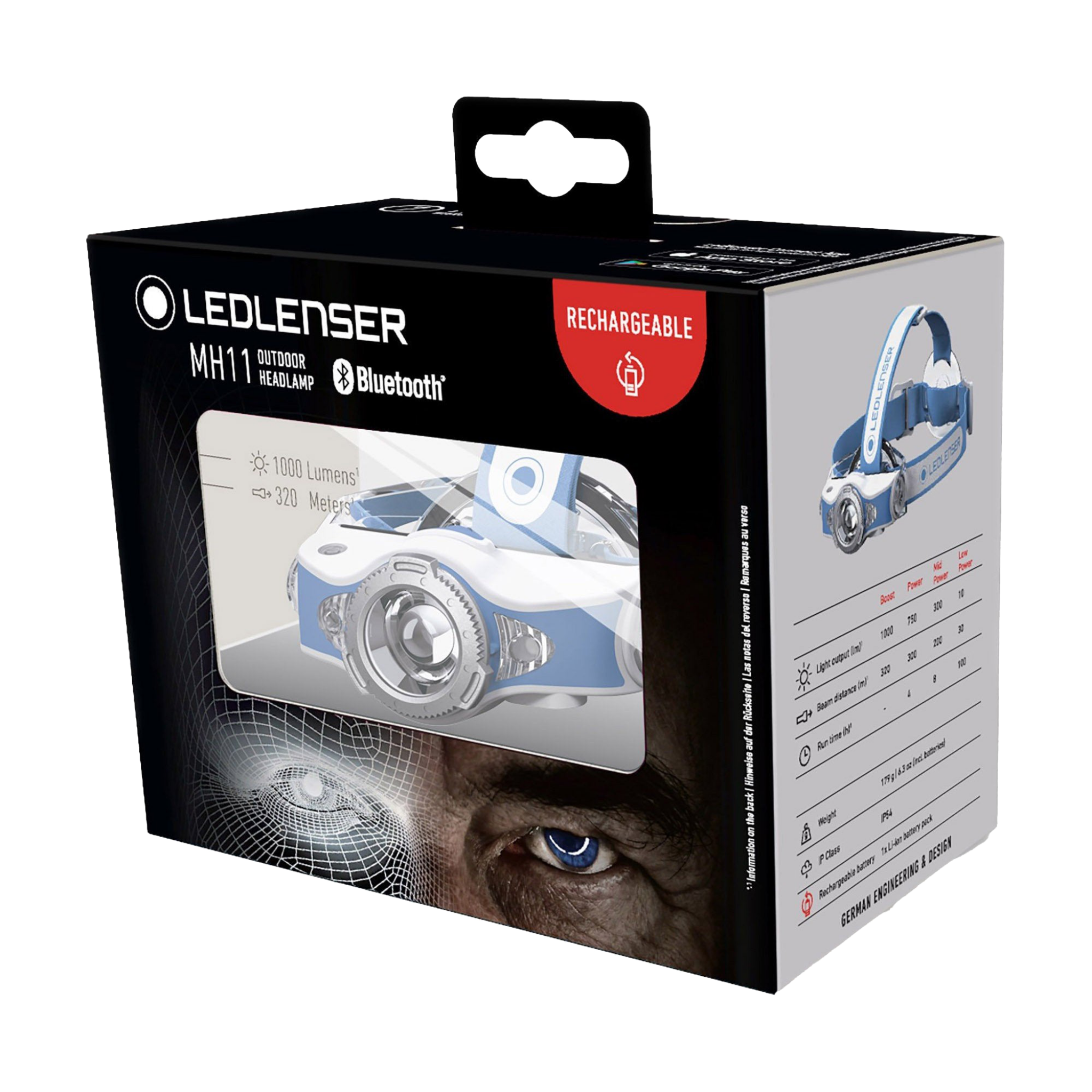 Ledlenser MH11 Outdoor Headlamp packaging featuring a blue white headlamp illustration and Bluetooth icon