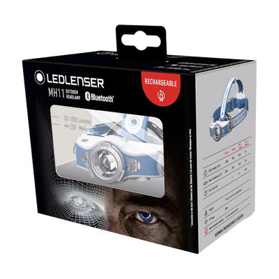 Ledlenser MH11 Outdoor Headlamp packaging featuring a blue white headlamp illustration and Bluetooth icon