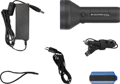 Ledlenser M10R Rechargeable Torch with wall charger USB charging cable additional USB connector wrist lanyard and blue battery pack included