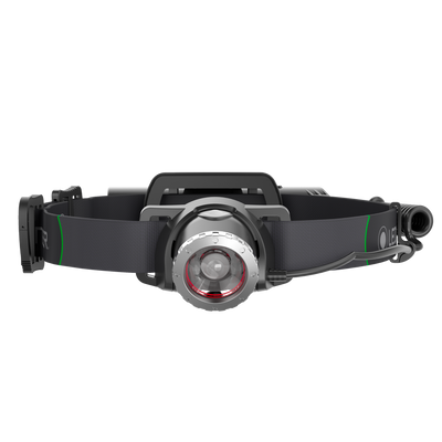 Ledlenser MH10 Headlamp mounted on a dark headband with a central circular light and red ring front view