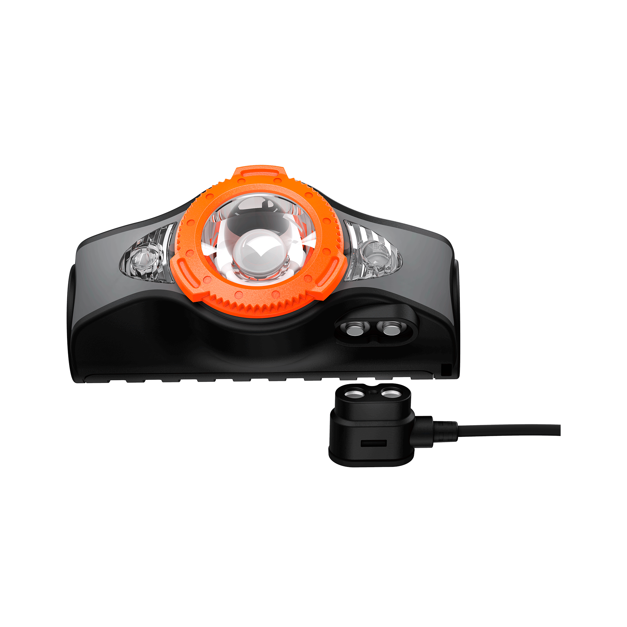Ledlenser MH11 Outdoor Headlamp with orange bezel and black housing shown with magnetic charger dock and USB cable