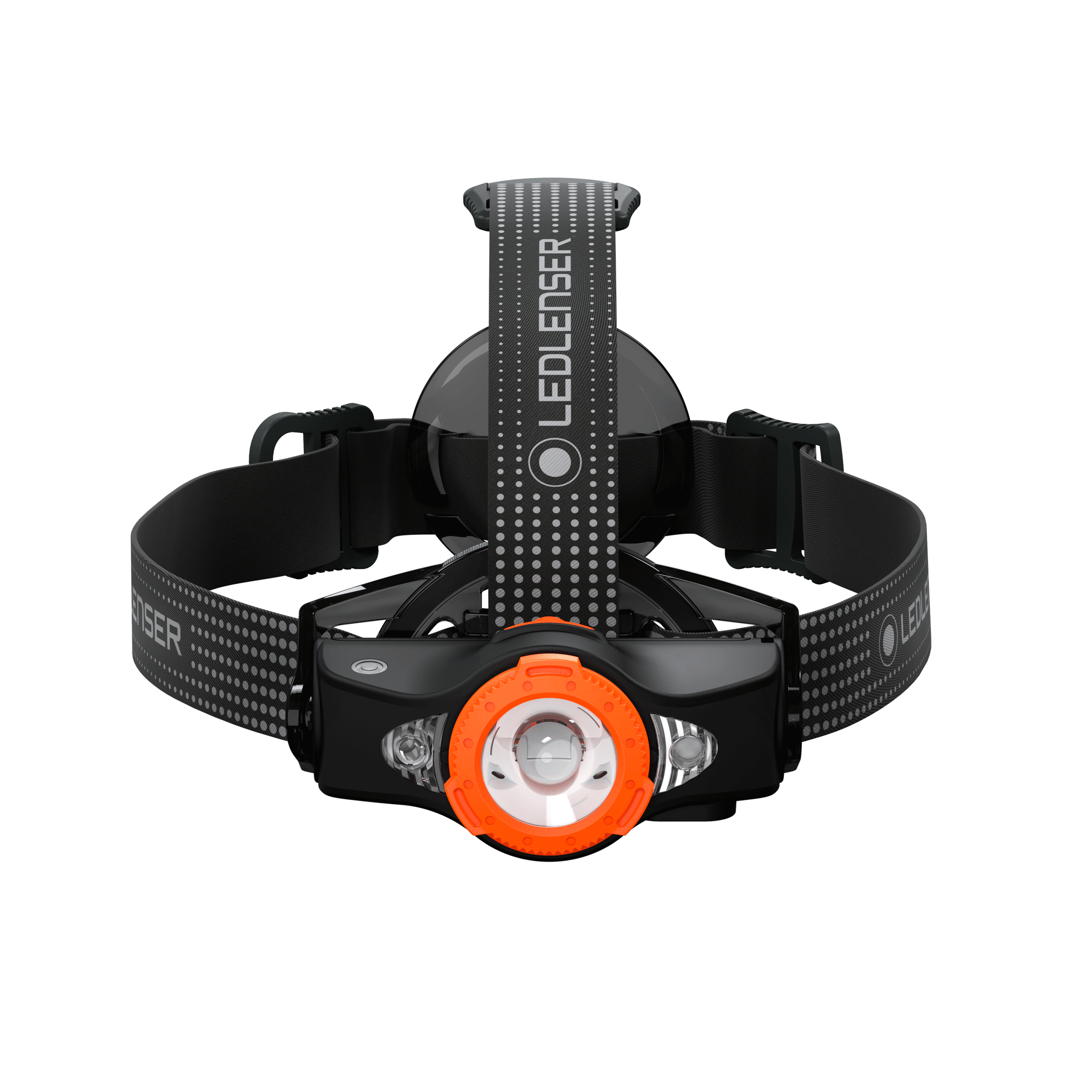 MH11 Outdoor Headlamp viewed from front with orange bezel black housing and adjustable head strap