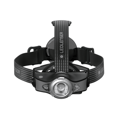 Ledlenser MH11 outdoor headlamp with adjustable headband and front lamp black and grey head on view