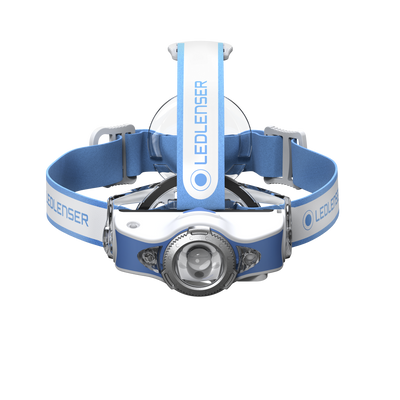 Ledlenser MH11 Outdoor Headlamp with white and blue headband adjustable straps and front illumination module