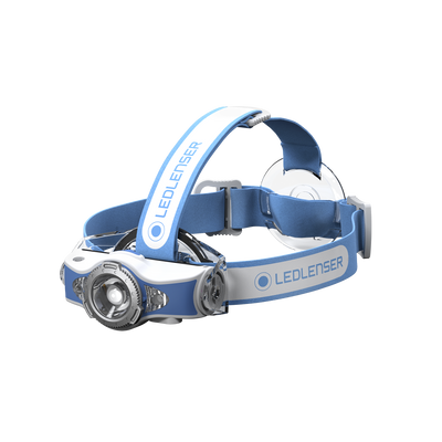 MH11 Outdoor Headlamp by Ledlenser with blue adjustable headband and front mounted light