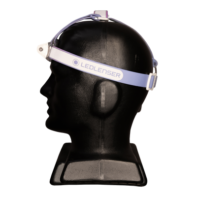 Headstrap for MH11 on a mannequin head; blue and white Ledlenser strap with buckle visible
