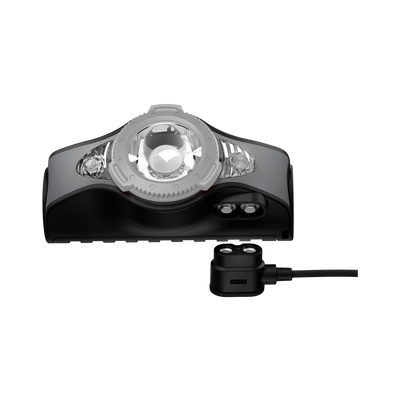Ledlenser MH11 outdoor headlamp with central circular lens and two side LEDs black gray finish with magnetic charger