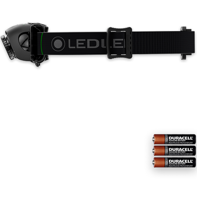 Ledlenser MH2 Headlamp with adjustable strap black body and three Duracell batteries visible on the right