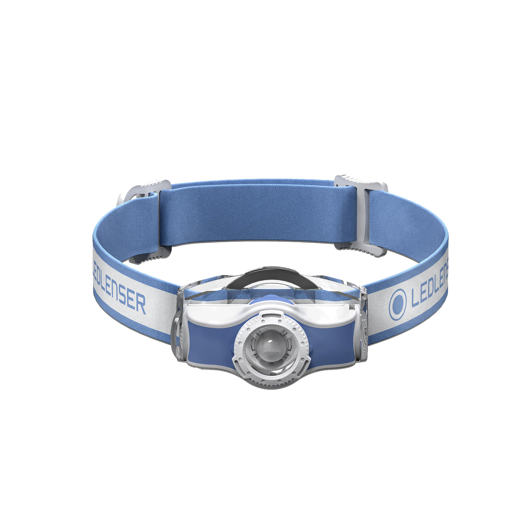 Ledlenser MH3 Headlamp with blue and grey adjustable headband and front light housing