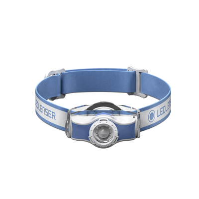Ledlenser MH3 Headlamp with blue and grey adjustable headband and front light housing