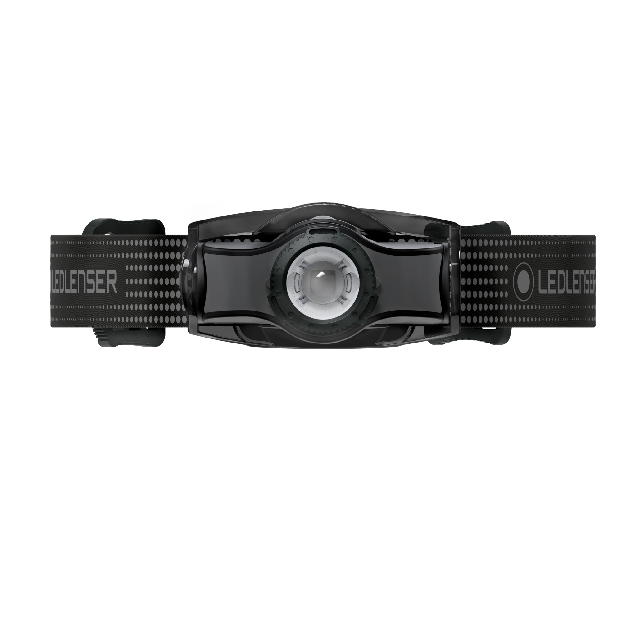 MH3 Headlamp viewed from the front with a black adjustable strap featuring Ledlenser branding and a circular front light housing