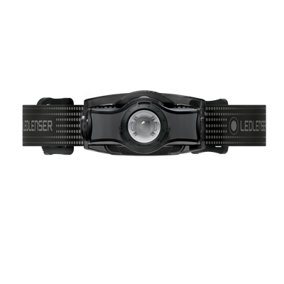MH3 Headlamp viewed from the front with a black adjustable strap featuring Ledlenser branding and a circular front light housing