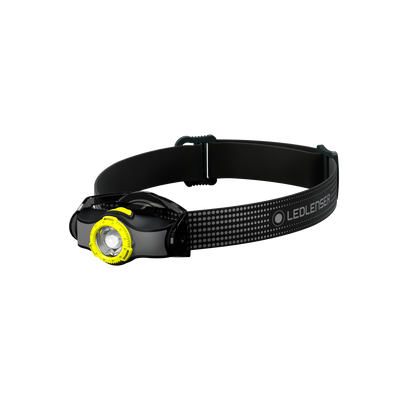 MH3 Headlamp displayed on a black headband with dotted strap and a yellow bezel around the LED light front left view