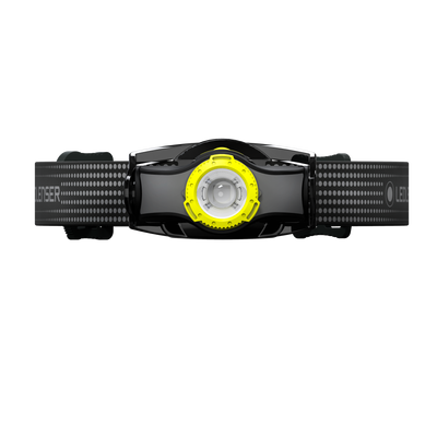 MH3 Headlamp viewed from front with yellow focus ring black headband featuring a dotted pattern and Ledlenser branding