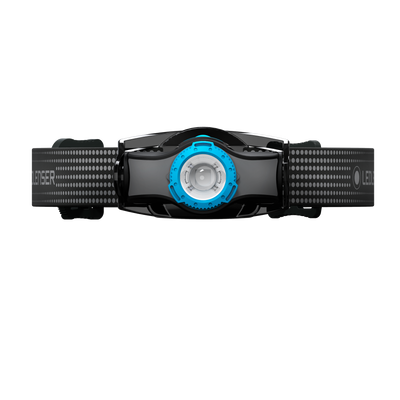 MH3 Headlamp by Ledlenser viewed from above showing black dotted head strap and blue adjustment ring around the lens