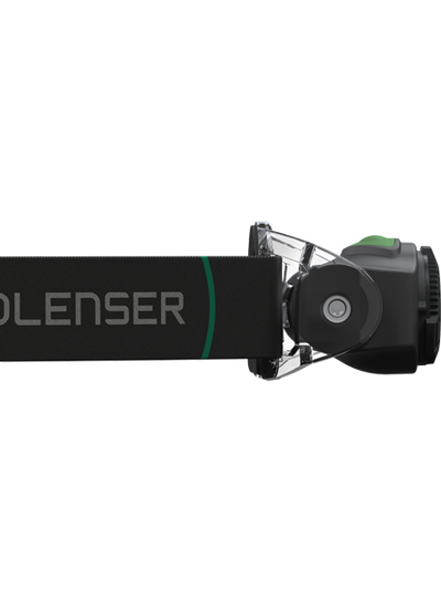 Ledlenser MH4 Black Battery Operated Torch mounted on an adjustable headband with a green accent
