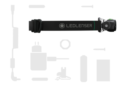 Ledlenser MH4 Green headlamp with adjustable black strap and compact light housing shown with integrated battery pack