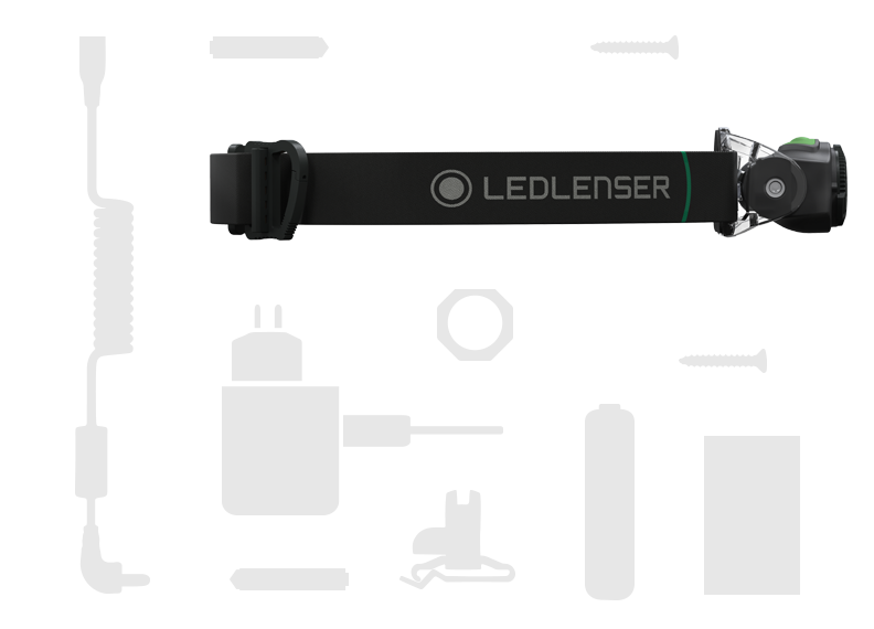 Ledlenser MH4 Green headlamp with adjustable black strap and compact light housing shown with integrated battery pack