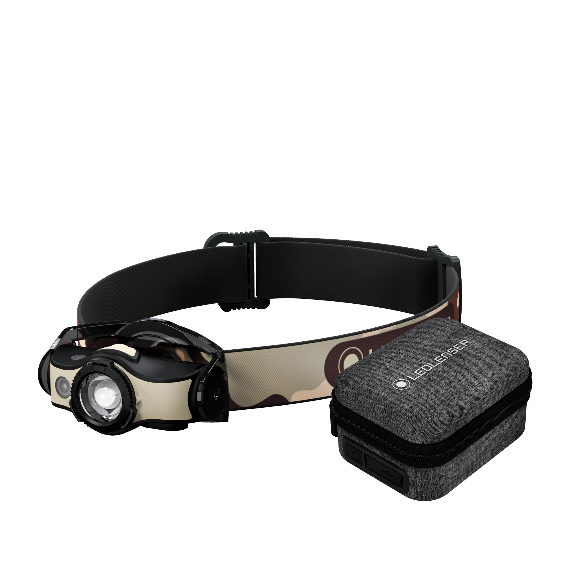 Ledlenser MH4 Powercase Combo headlamp with camo strap and charging case front view showing headlamp and compact charging case