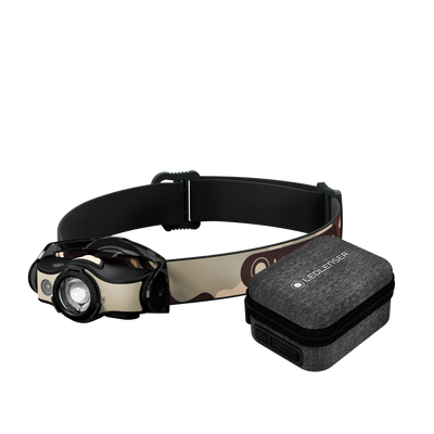 Ledlenser MH4 Powercase Combo headlamp with camo strap and charging case front view showing headlamp and compact charging case