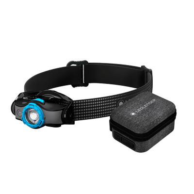 MH5 Powercase Combo headlamp with charging case shown with blue bezel adjustable strap and grey fabric charging case