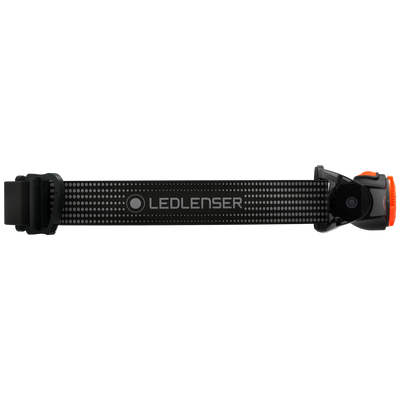 Ledlenser MH5 Outdoor Headlamp shown in side profile with black headband and orange accents