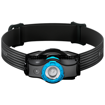 Ledlenser MH5 Outdoor Headlamp with black adjustable headband and blue bezel front facing LED and battery housing visible