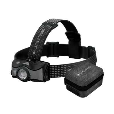 MH7 Powercase Combo headlamp with adjustable strap and attached charging case; black and dark grey design with LED lamp and fabric carry case