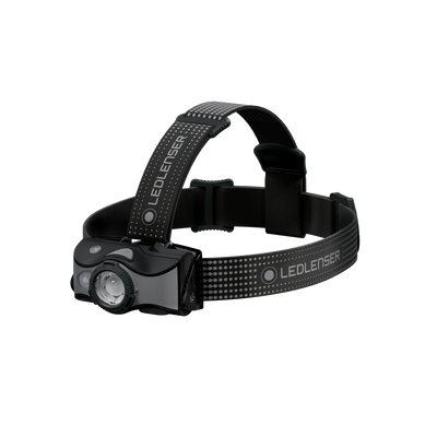 Ledlenser MH7 Outdoor Headlamp with compact front light and adjustable black headband shown mounted for hands free use