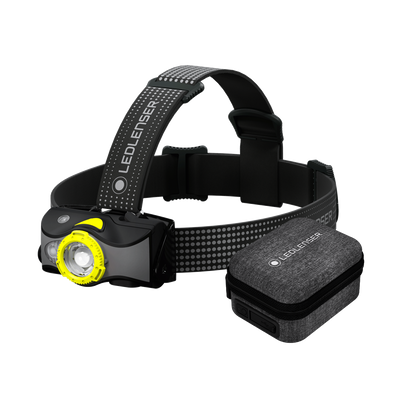 Ledlenser MH7 Powercase Combo headlamp with charging case black headband yellow bezel and compact storage pouch