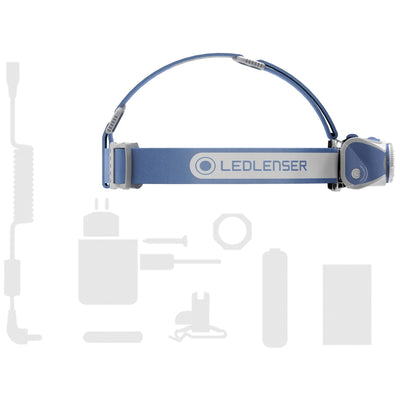 Ledlenser MH7 Green Headlamp with blue adjustable strap and battery housing shown in side view highlighting headband and compact headlamp body