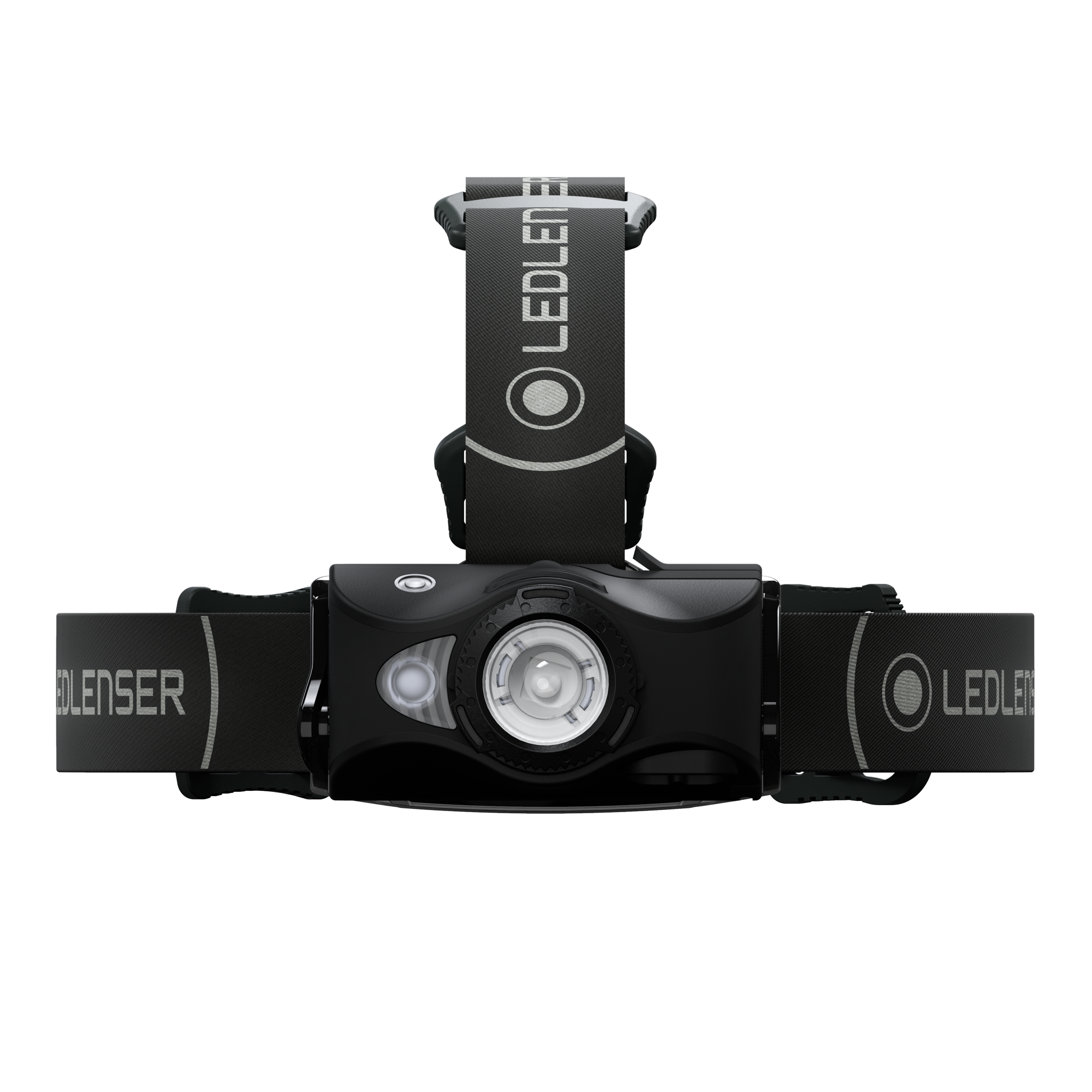 MH8 Outdoor Headlamp mounted on adjustable head strap front view showing central LED module on a black body