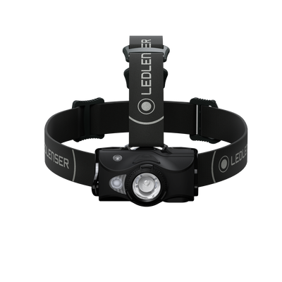 Ledlenser MH8 outdoor headlamp with black adjustable headband and central front LED lens on strap page quality product image