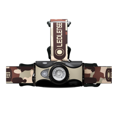 MH8 Outdoor Headlamp by Ledlenser mounted on a headband with camouflage strap and front LED housing