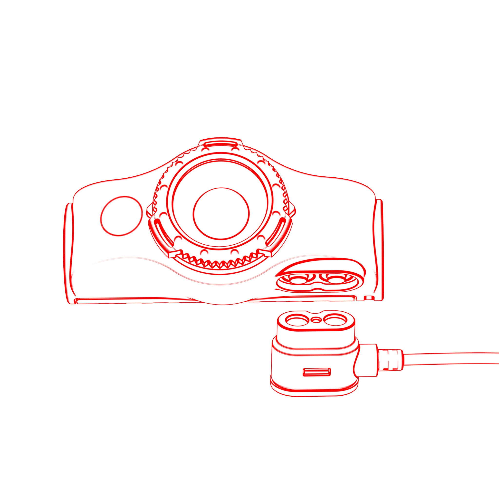 Ledlenser MH8 Outdoor Headlamp line drawing showing headlamp unit with attached battery pack and charging cable