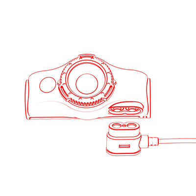 Ledlenser MH8 Outdoor Headlamp line drawing showing headlamp unit with attached battery pack and charging cable
